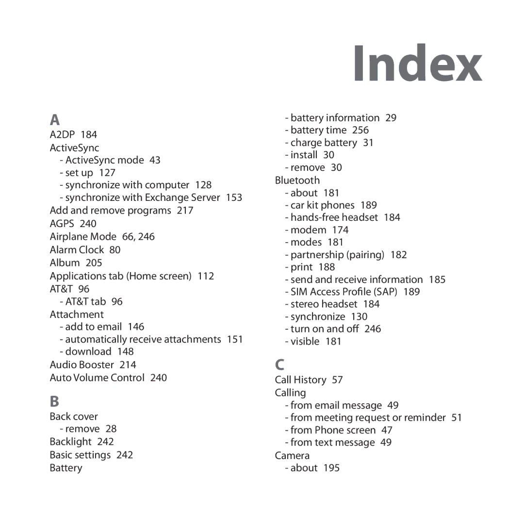 HTC HTC Tilt 2, RHOD300, NM8RHOD00 user manual Index  